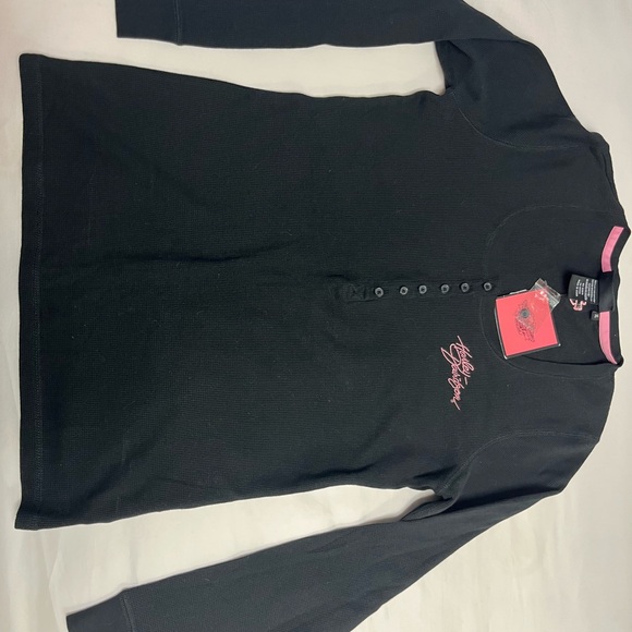 Black Long Sleeve Henley Shirt with Pink Accents - Picture 1 of 5